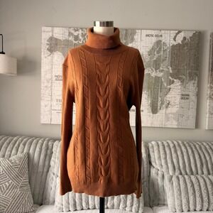 LEANI Women Burnt Orange Cable Knit Turtleneck Sweater XL Long Sleeve Viscose